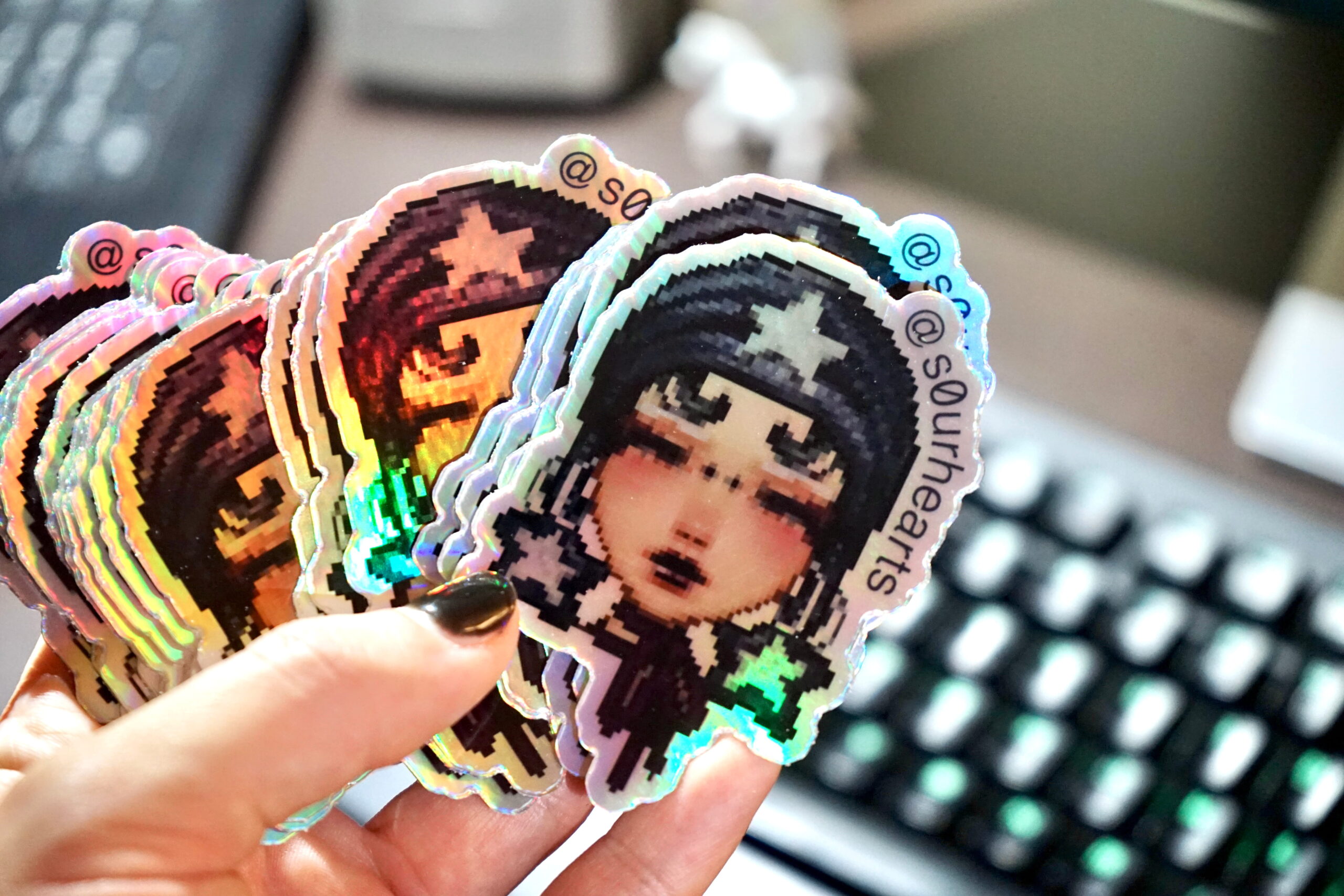 Gothic Pixel Girl Holographic Vinyl Sticker 3" - Image 6